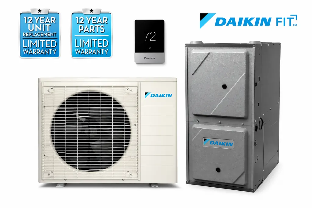 Daikin FIT system — outdoor unit, furnace, smart thermostat, and 12-year limited warranties